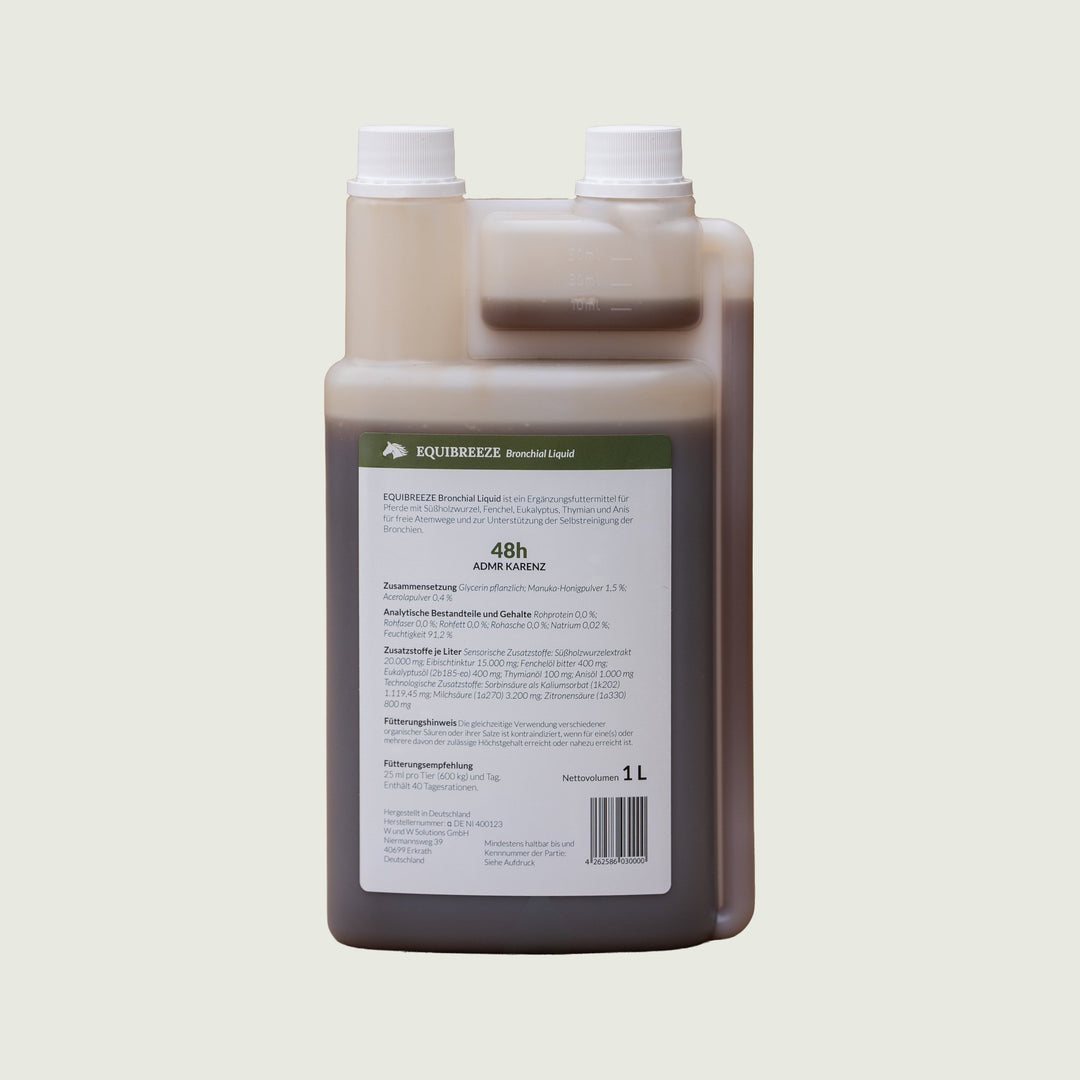 Equibreeze Bronchial Liquid Etikett Rückseite mit vollständiger Deklaration und Zusammensetzung
