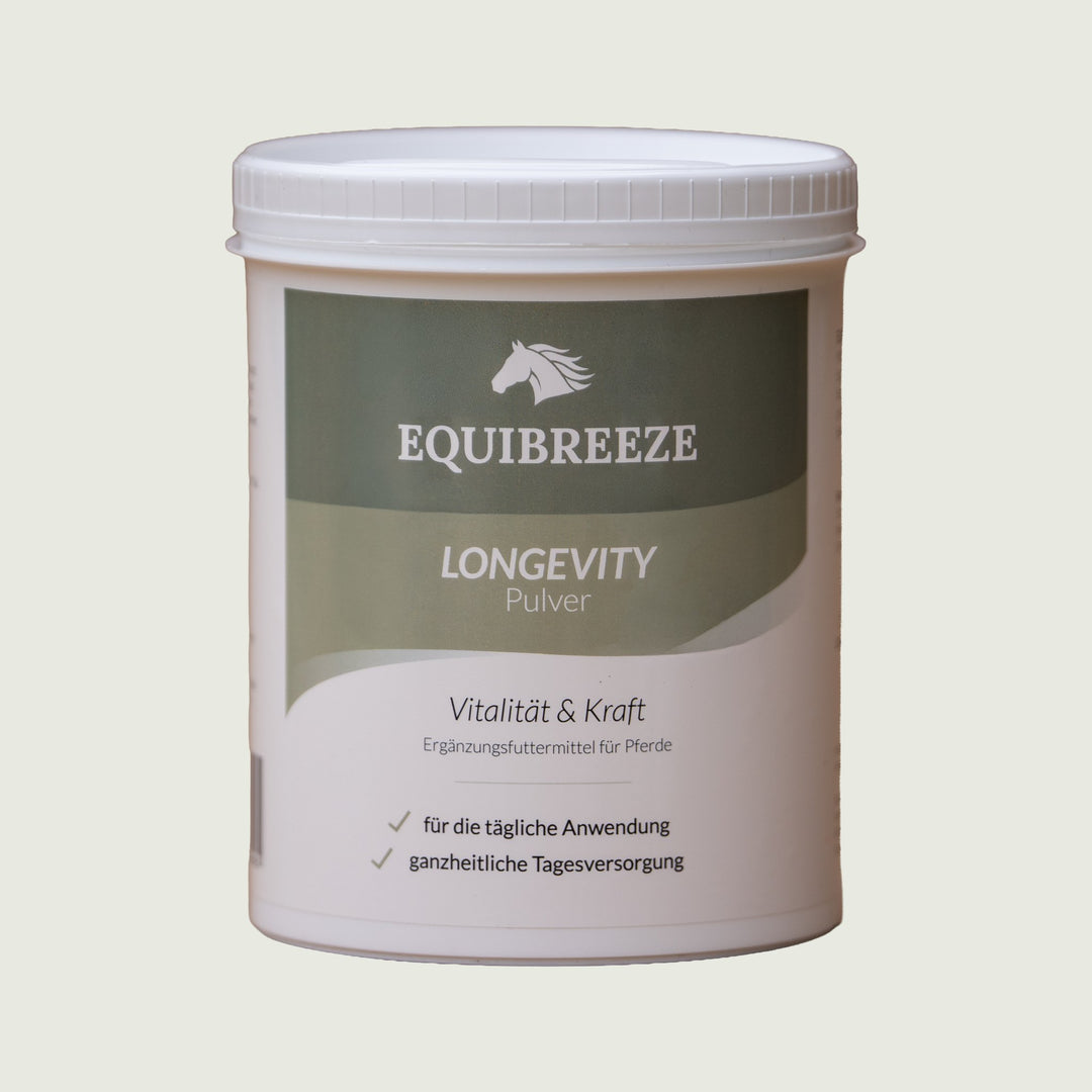 Equibreeze Longevity Pulver 600 g, Ergänzungsfuttermittel für Pferde für Vitalität und ganzheitliche Tagesversorgung, Vorderseite
