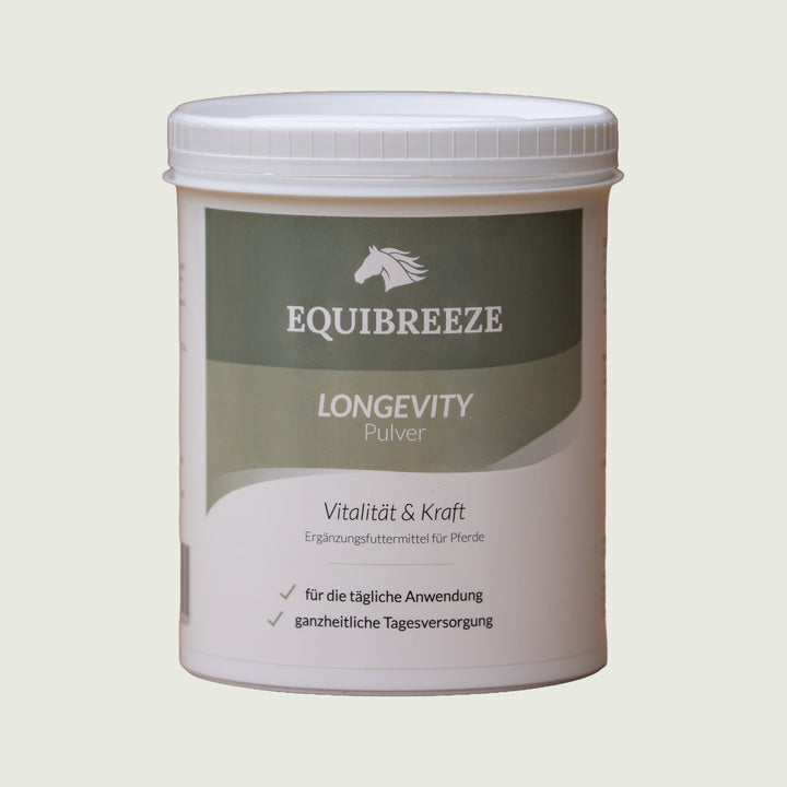 Equibreeze Longevity Pulver 600 g, Ergänzungsfuttermittel für Pferde für Vitalität und ganzheitliche Tagesversorgung, Vorderseite