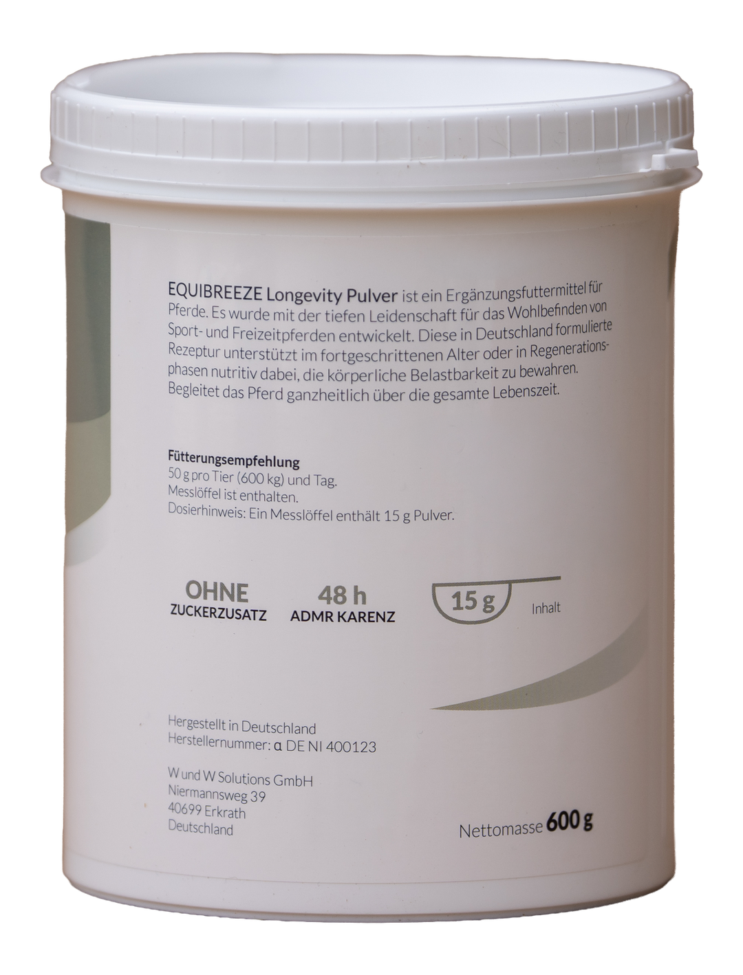 Equibreeze Longevity Pulver Etikett Rückseite mit Zusammensetzung und analytischen Bestandteilen