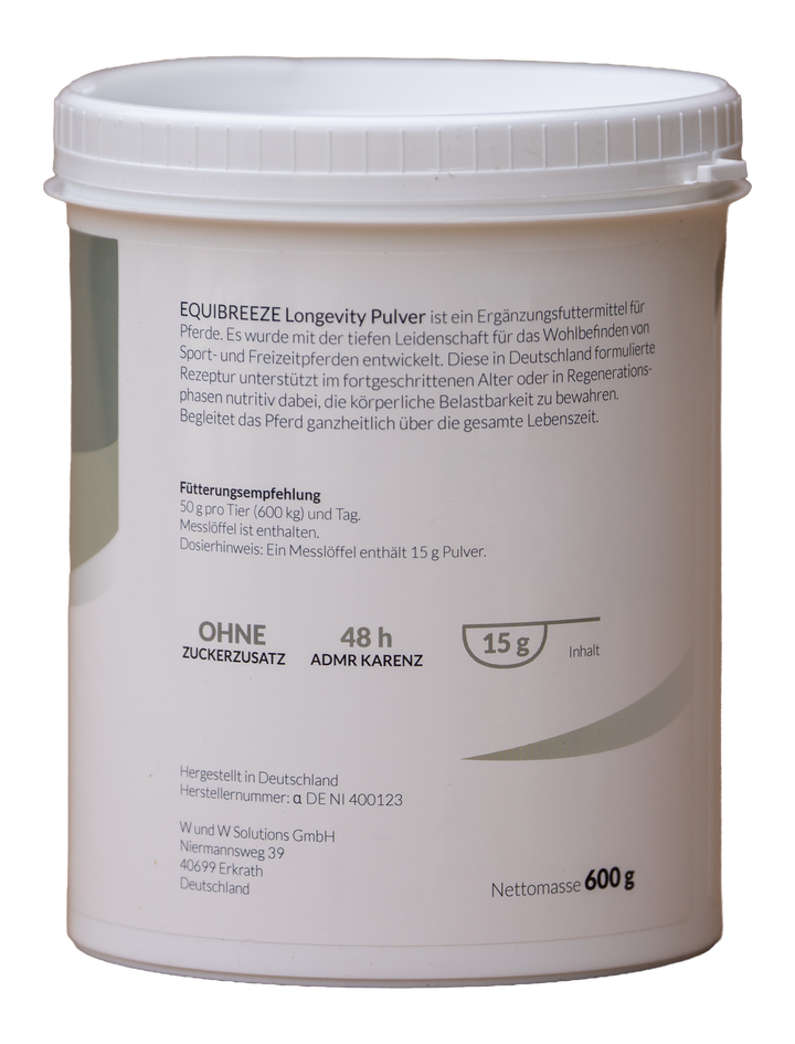 Equibreeze Longevity Pulver Etikett Rückseite mit Zusammensetzung und analytischen Bestandteilen