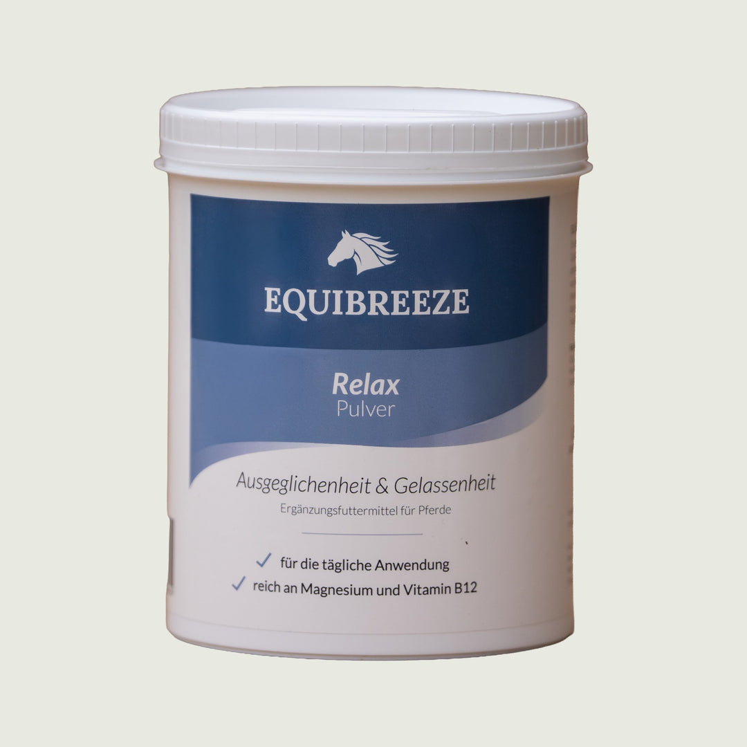 Equibreeze Relax Pulver 850 g, Ergänzungsfuttermittel für Pferde mit Magnesium und Kräutern für Nervenstärke, Vorderseite