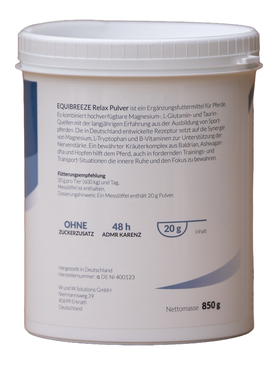 Equibreeze Relax Pulver Etikett Rückseite mit Zusammensetzung und Fütterungsempfehlung