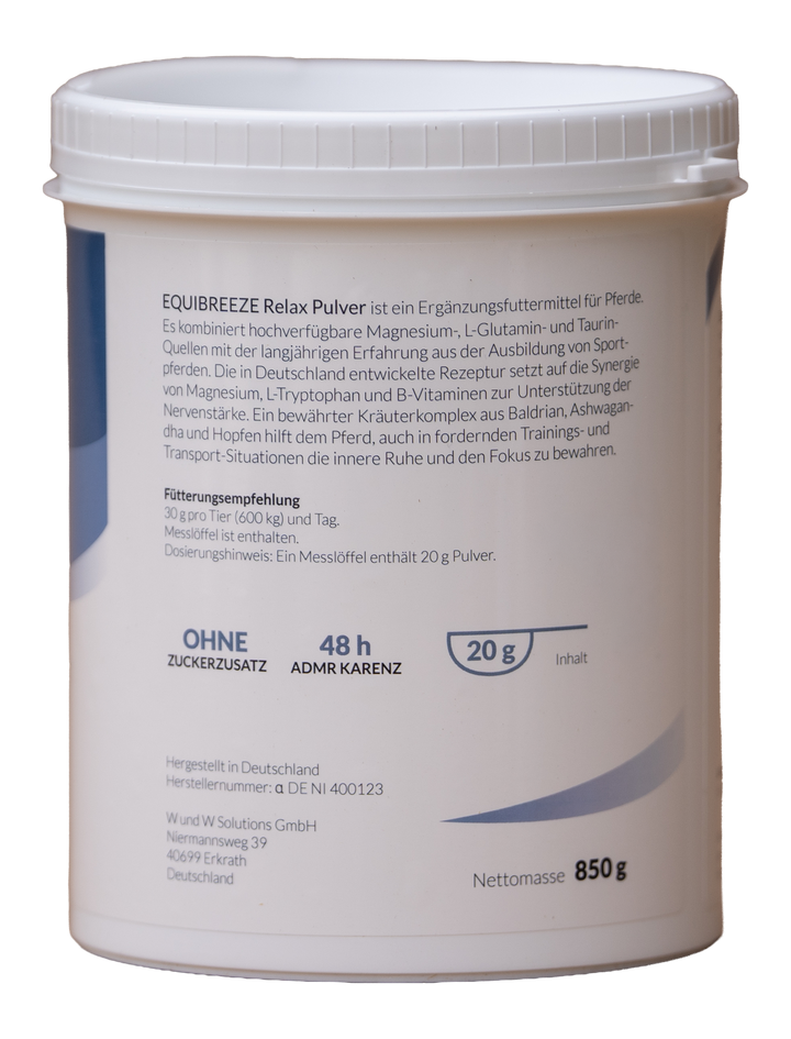 Equibreeze Relax Pulver Etikett Rückseite mit Zusammensetzung und Fütterungsempfehlung