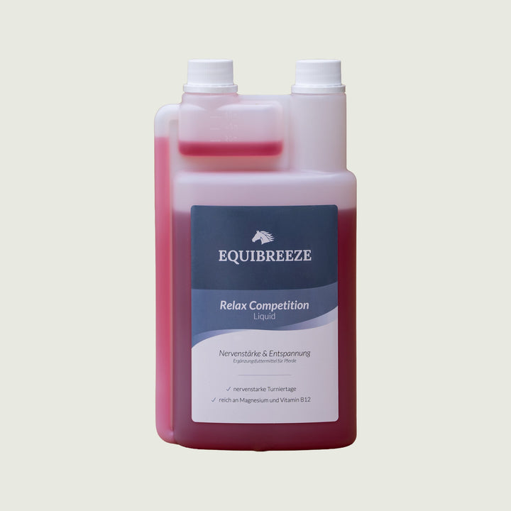Equibreeze Relax Competition Liquid 1000 ml, Ergänzungsfuttermittel für Pferde mit Magnesium, L-Tryptophan und Vitamin B12, Vorderseite