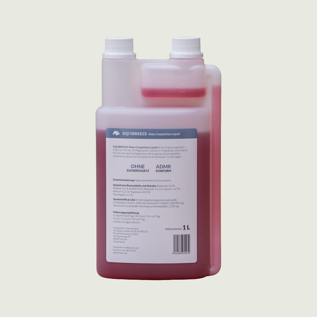 Equibreeze Relax Competition Liquid Etikett Rückseite mit Deklaration und Fütterungsempfehlung
