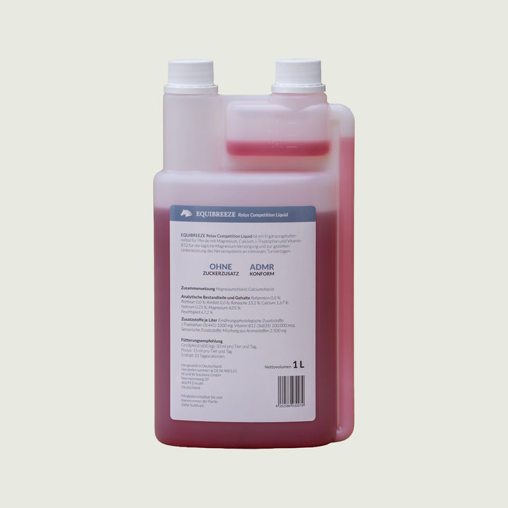 Equibreeze Relax Competition Liquid Etikett Rückseite mit Deklaration und Fütterungsempfehlung